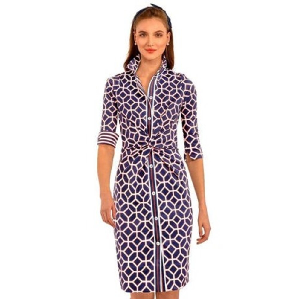 Gretchen Scott Twist & Shout Geometric Lucy in the Sky Shirt Dress Navy- XS